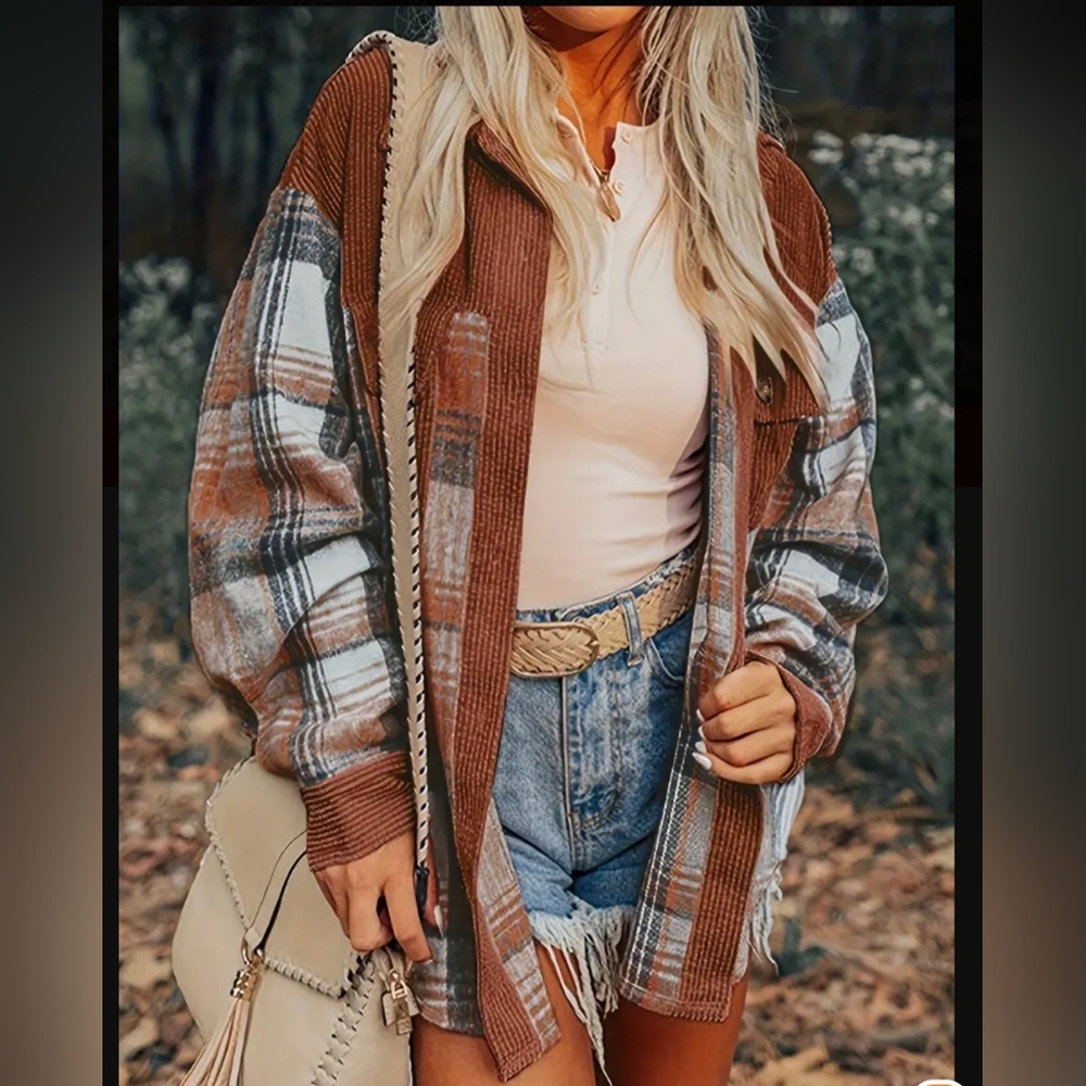 Plaid Jacket Corduroy Patchwork Chest Shacket